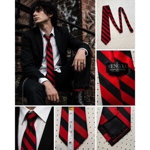 Red Black Striped Necktie 3.5" Wide Polyester Punk Emo Rockabilly School Uniform